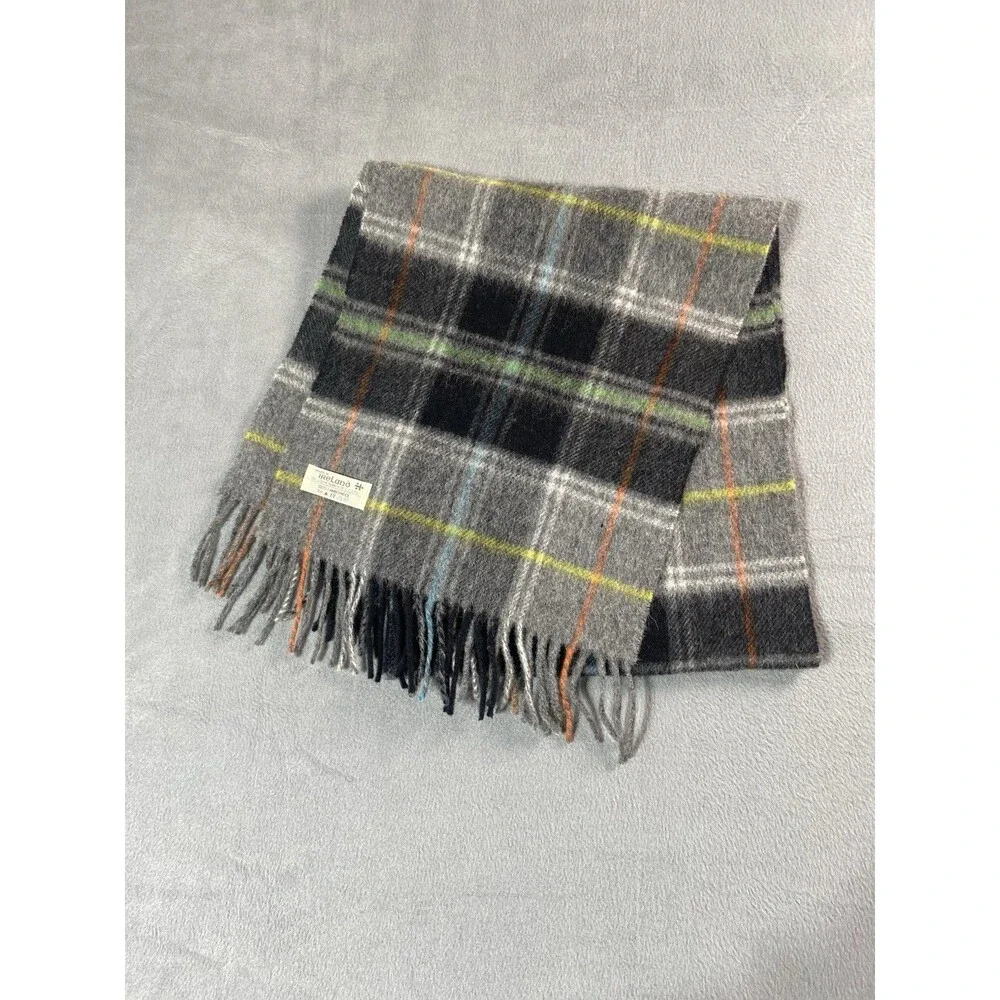 John Hanly Ireland 100% Lambswool Plaid Scarf Gray Fringe